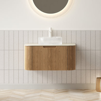 DINA 30" Bathroom Vanity&Sink, Floating Curved Edges Striped Storage Cabinet with Drawer, Transparent Round Glass Basin&Travertine-Pattern Sintered Stone Top, Pre-assembled, Natural Woodgrain Color image 1