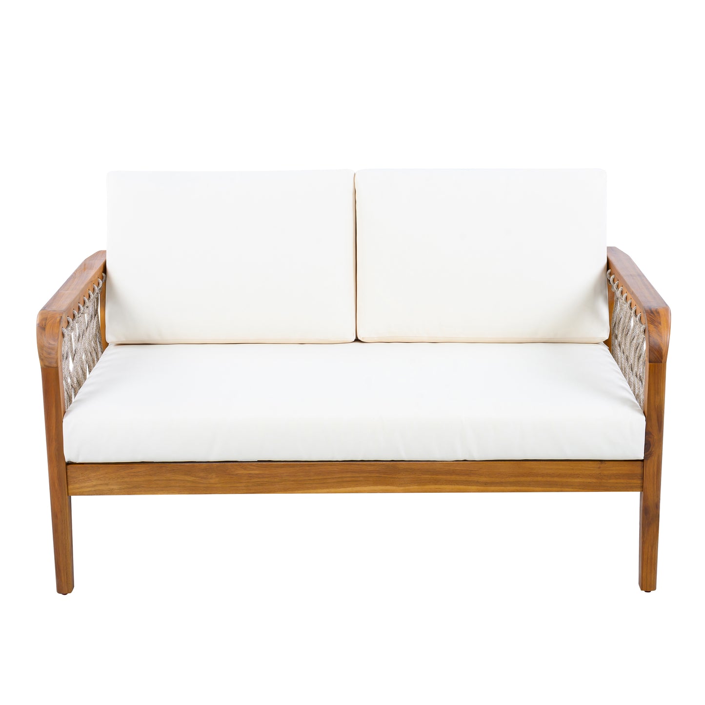 4-Piece Acacia Wood Outdoor Patio Furniture Set, All-Weather Conversation Sofa Set with Rope Woven Armrests, Removable Cushions for Backyard Garden,Teak finish+Oatmeal rope+Cream Beige cushion image 9