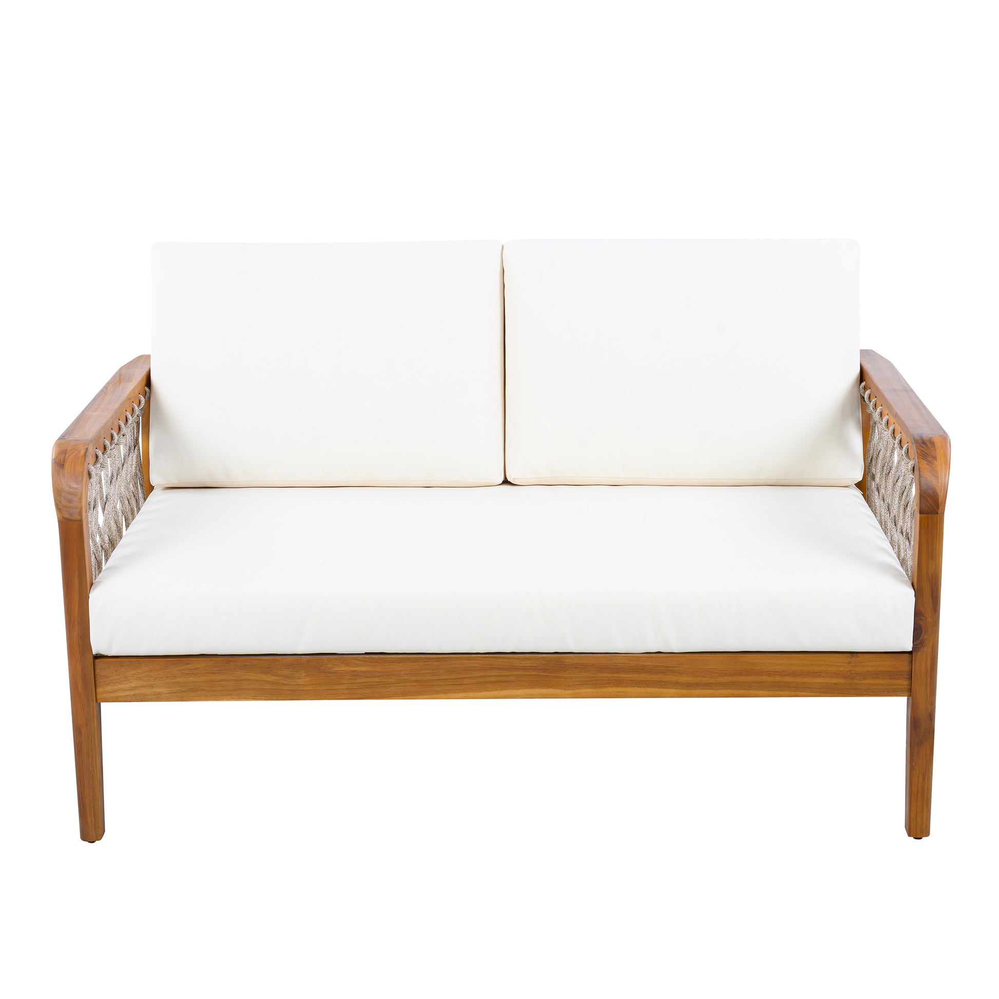 4-Piece Acacia Wood Outdoor Patio Furniture Set, All-Weather Conversation Sofa Set with Rope Woven Armrests, Removable Cushions for Backyard Garden,Teak finish+Oatmeal rope+Cream Beige cushion image 9
