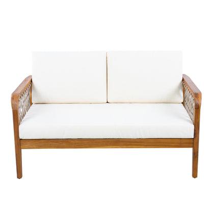 4-Piece Acacia Wood Outdoor Patio Furniture Set, All-Weather Conversation Sofa Set with Rope Woven Armrests, Removable Cushions for Backyard Garden,Teak finish+Oatmeal rope+Cream Beige cushion image 9