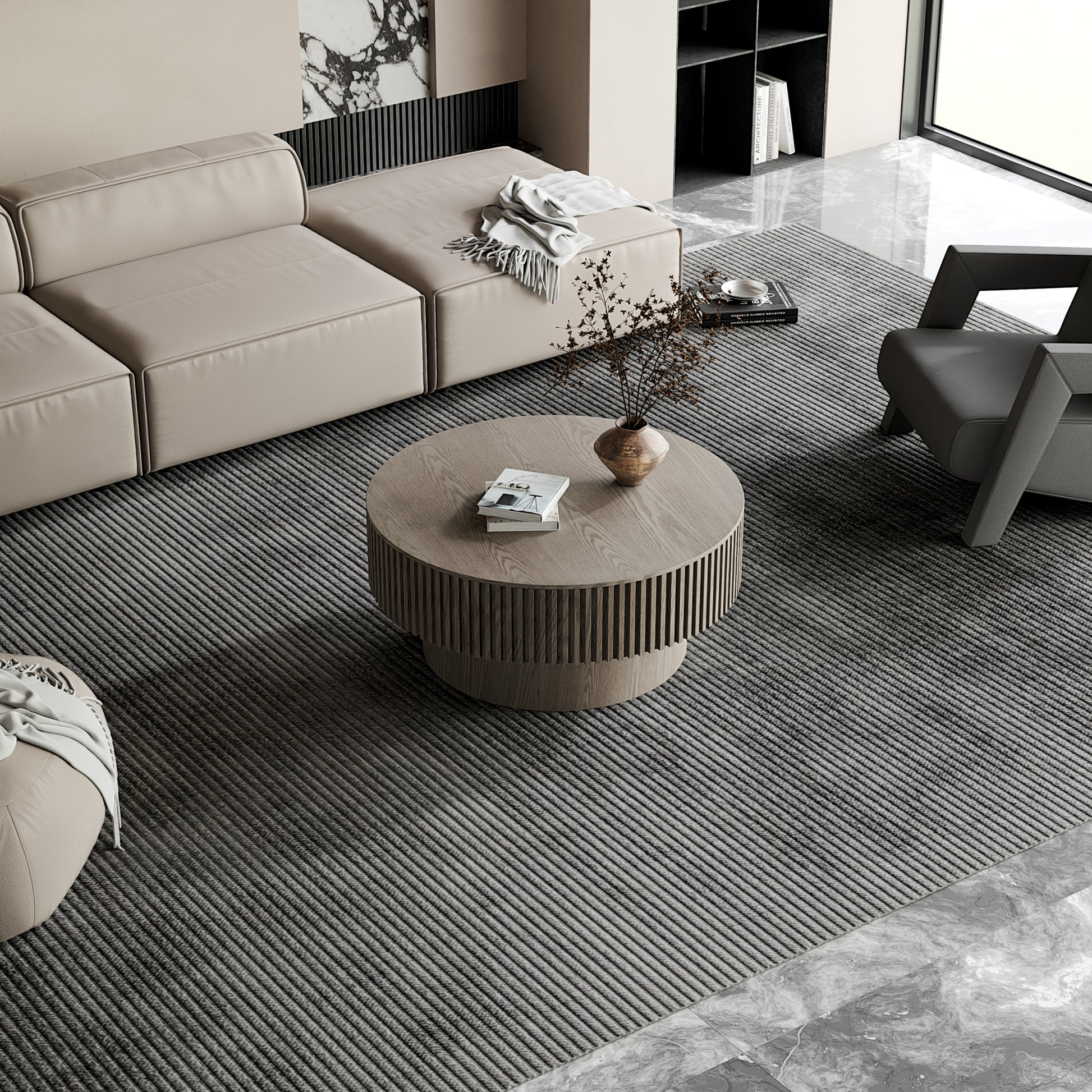 31.5'' Round Coffee Table with Storage Solid Wood Veneered Modern Coffee Table Accent Tea Table for Living Room, Bedroom, Apartment or Office, Grey image 3