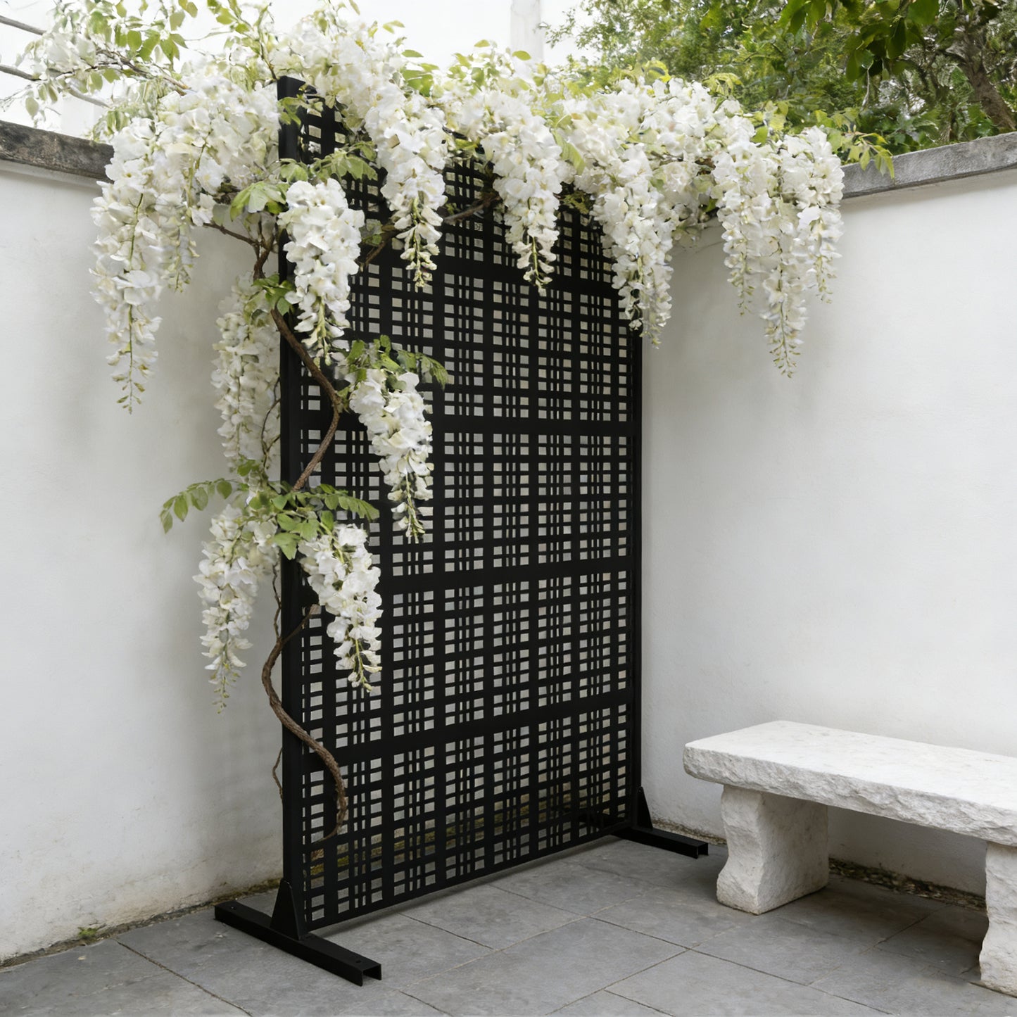 Metal Privacy Screens 72" H x 43.3" W Outdoor and Indoor Divider with Freestanding Decorative Privacy Screen Stylish Divider for Balcony, Patio, Garden & Indoor Spaces, Grid Black image 4