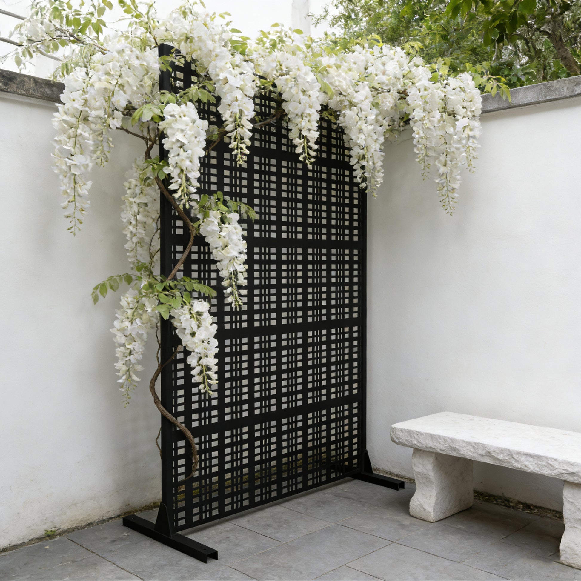 Metal Privacy Screens 72" H x 43.3" W Outdoor and Indoor Divider with Freestanding Decorative Privacy Screen Stylish Divider for Balcony, Patio, Garden & Indoor Spaces, Grid Black image 4