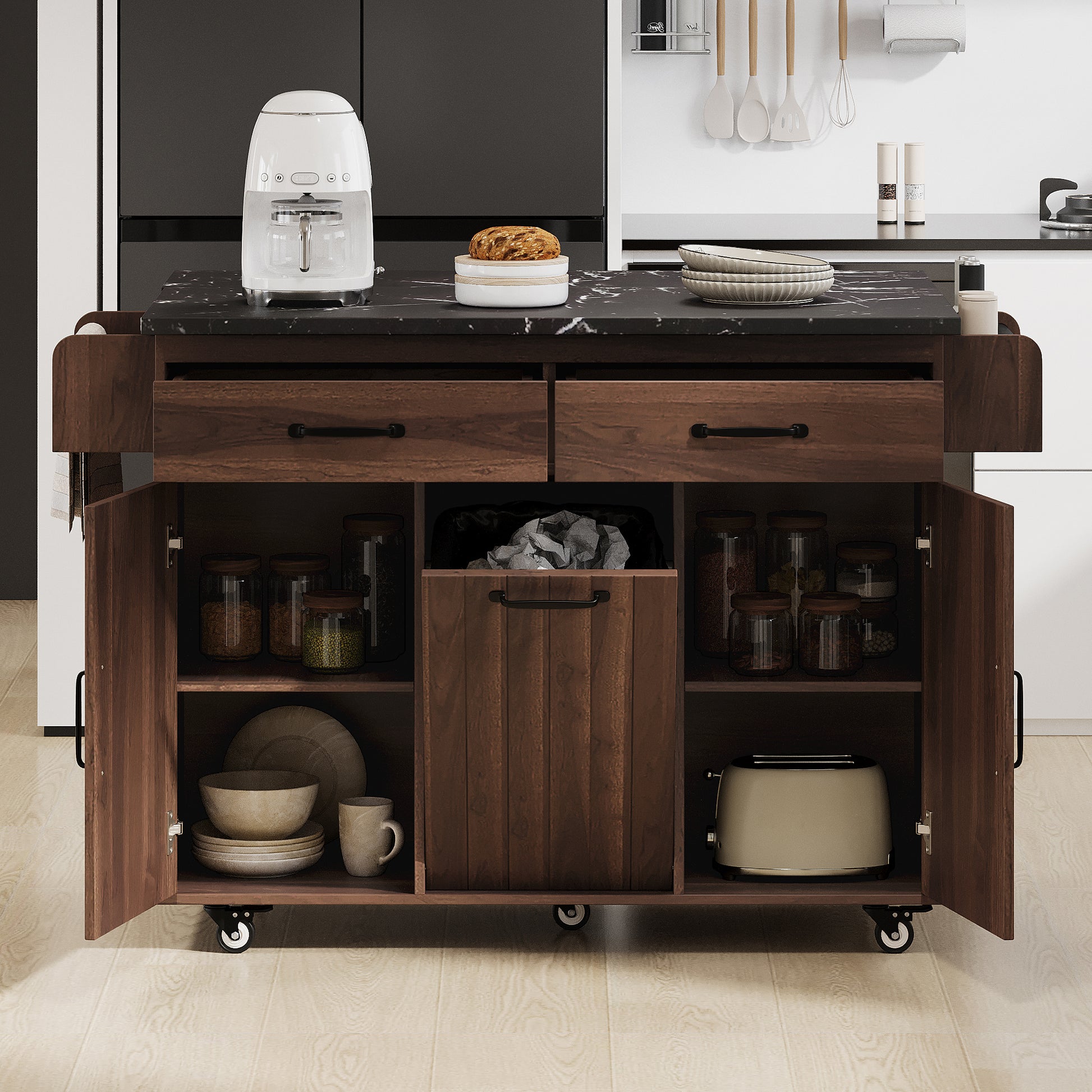 K&K Kitchen Island with Trash Can Storage Cabinet, Kitchen Cart with Drop Leaf, Spice Rack, Towel Rack and Drawer, Rolling Kitchen Island on Wheels with Adjustable Shelf, Walnut Brown image 6