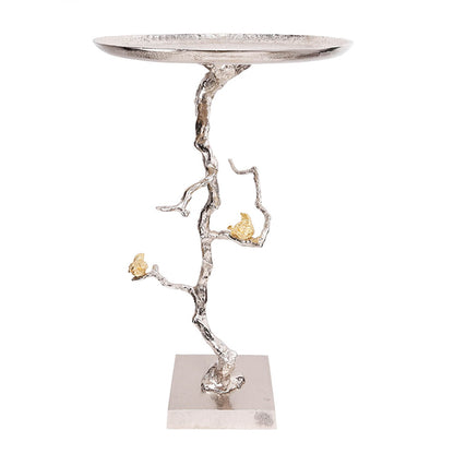 16.9x16.9x28" Round Aluminum Side Table with Silver Branch Design and Gold Bird Accents image 2