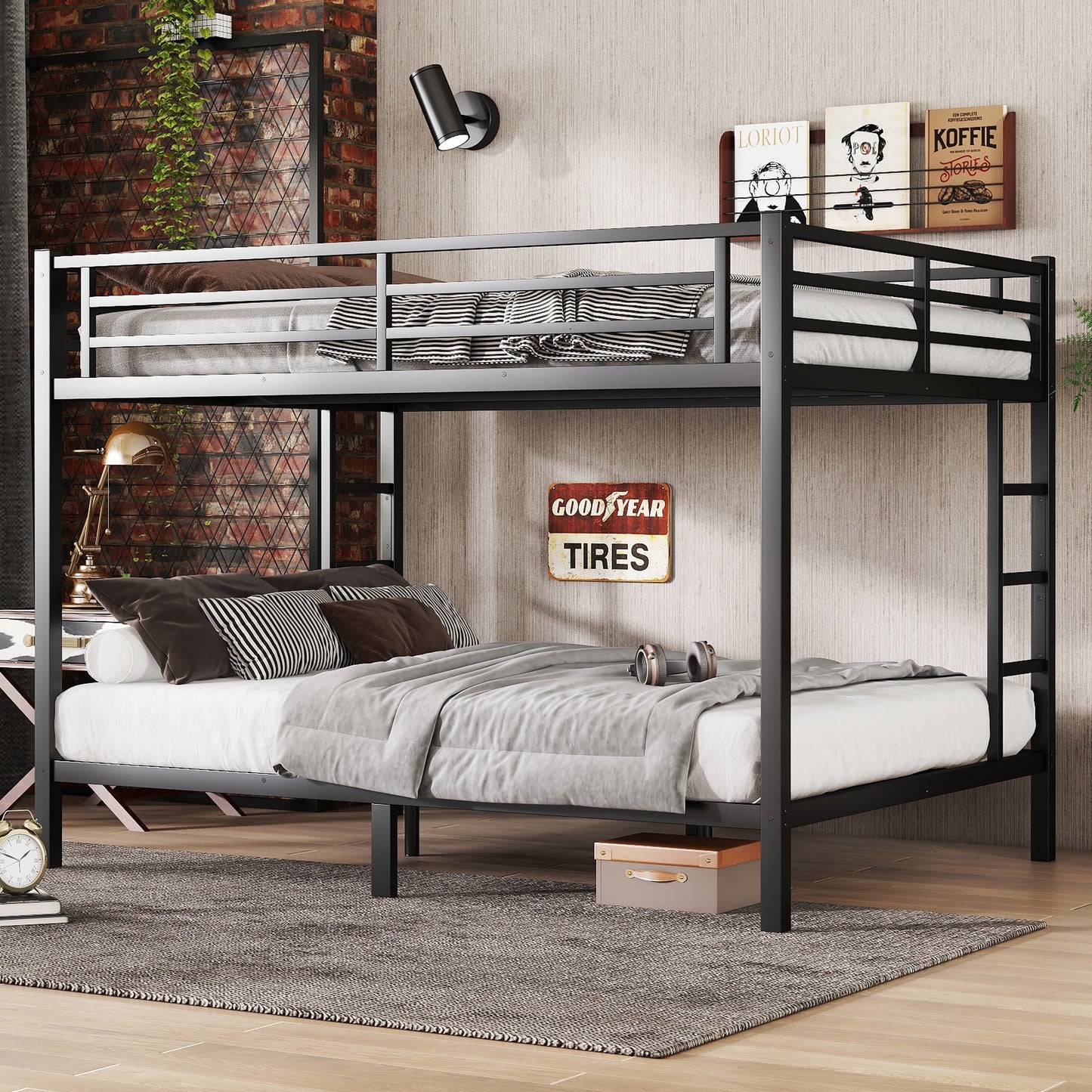 Metal Queen over Queen Bunk Bed for Teens and Adults,Space-Saving/Noise Reduced/No Box Spring Needed, Black image 1