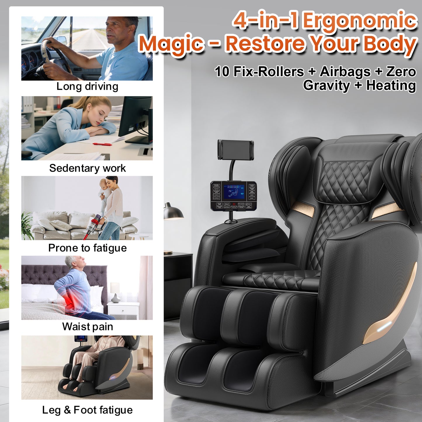 Massage Chair Full Body and Recliner, Zero Gravity Massage Chairs, 8 Fix Rollers, Airbags, Heating, Foot Massage, Auto Modes, Bluetooth Speaker and Touch Control Screen for Home and Office image 7