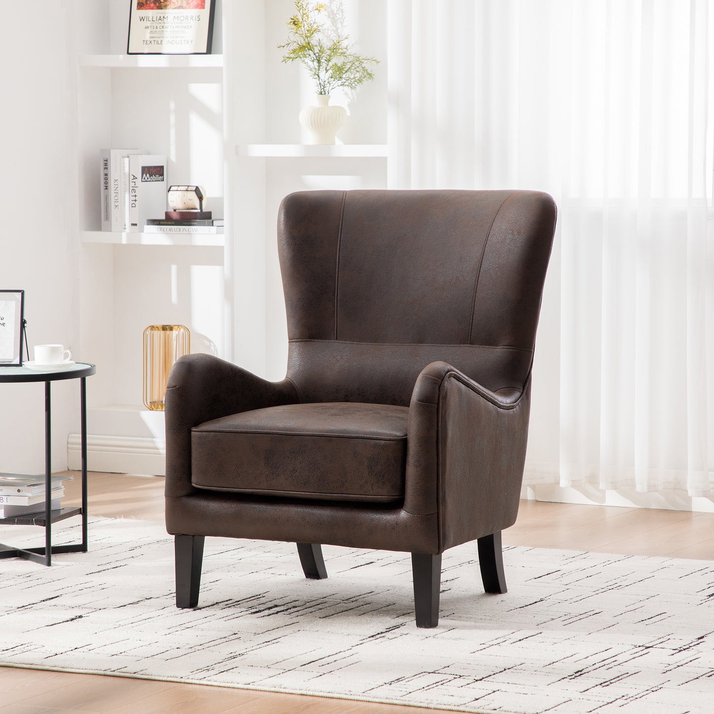 28"W PU High Back Accent Chair, Upholstered Armchair for Living Room, Retro Wingback Arm Chair,Single Sofa Bedroom Reading Seat with Solid Wood Legs, Brown image 2