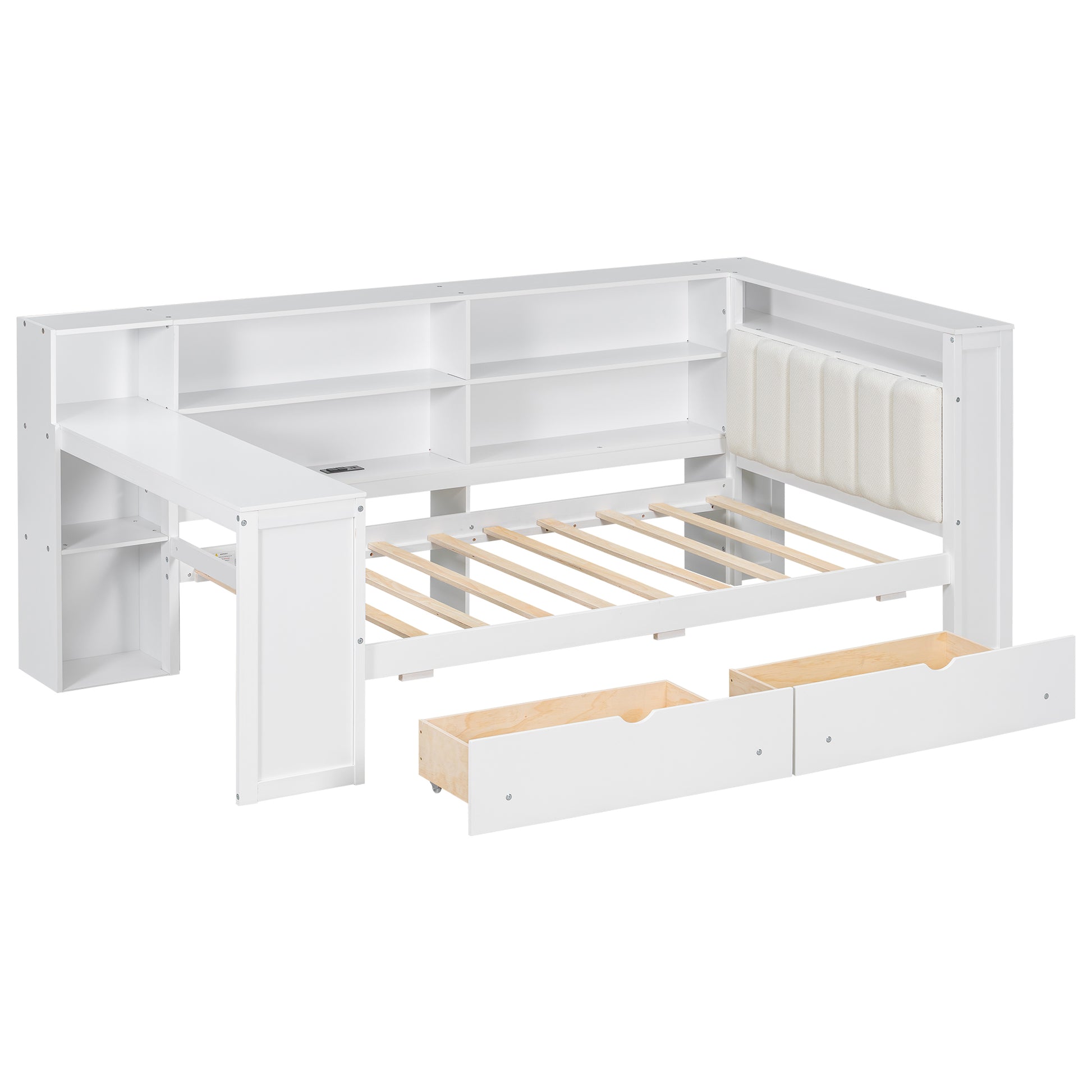 Wood Twin Size Platform Bed with Storage Shelves, Drawers, Charging Station, LED, Desk and Upholstered Headboard, White+Beige Cushion image 11