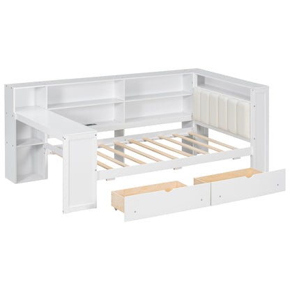 Wood Twin Size Platform Bed with Storage Shelves, Drawers, Charging Station, LED, Desk and Upholstered Headboard, White+Beige Cushion image 11