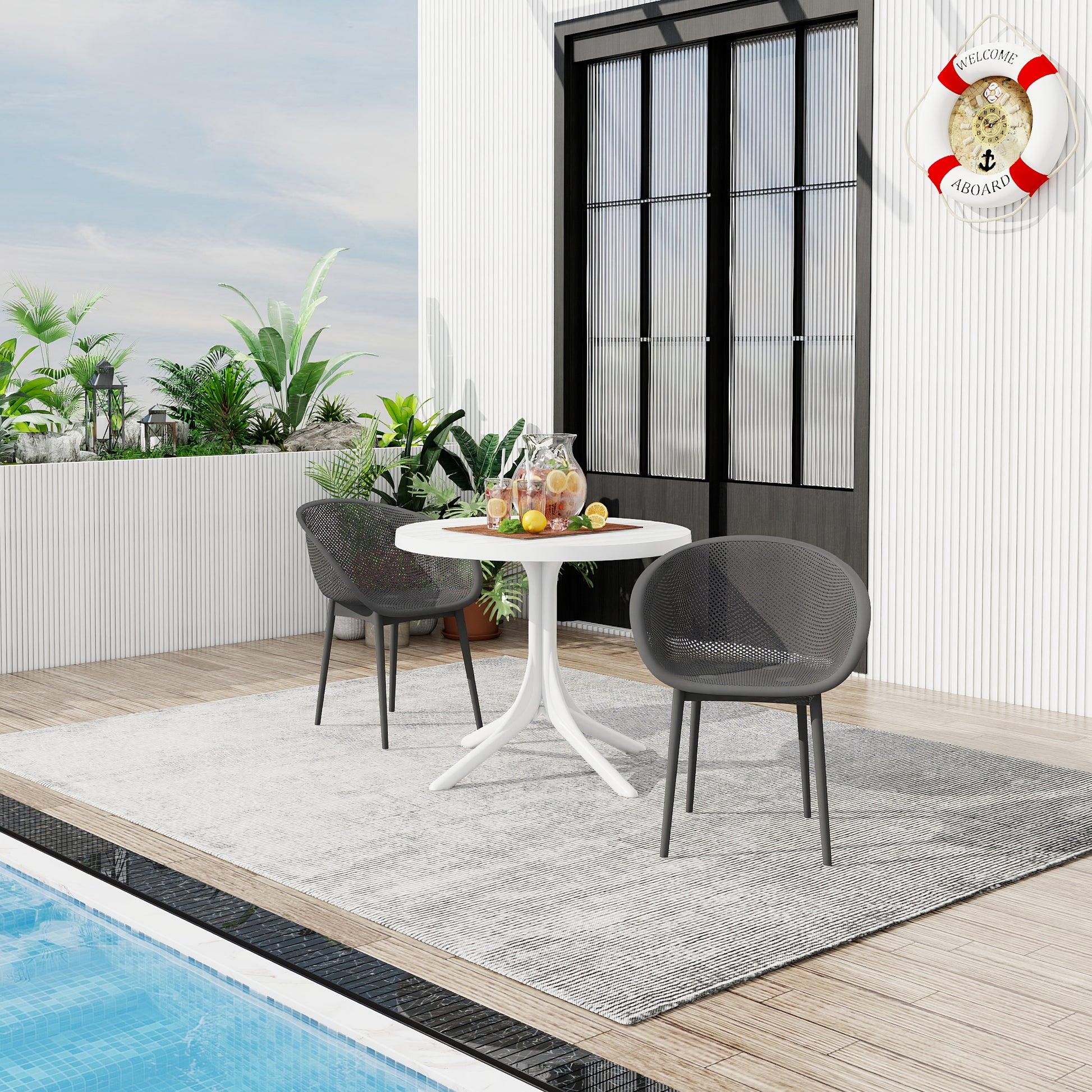Summer - 2-Pack Warm Grey Modern Lounge Chairs – Indoor/Outdoor All-Weather PP Plastic with 36 Inch Indoor/Outdoor Modern White Round PP Table image 2