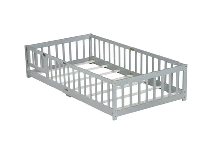Twin Size Floor Bed with Fence and Door,Rubber Wood Floor Bed with Safety Guardrails,Grey (Old Sku W504P286372) image 6