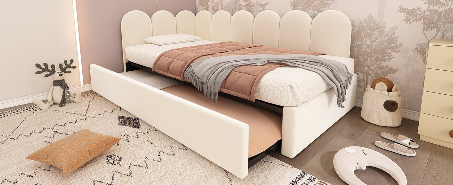 Upholstered Bed Daybed With Pull-Out Bed, Twin Size Single Sofa Bed,Guest Beds For Adults and Children, Bed With Metal Slatted Frame, Velvet, Beige (Without Mattress) image 6