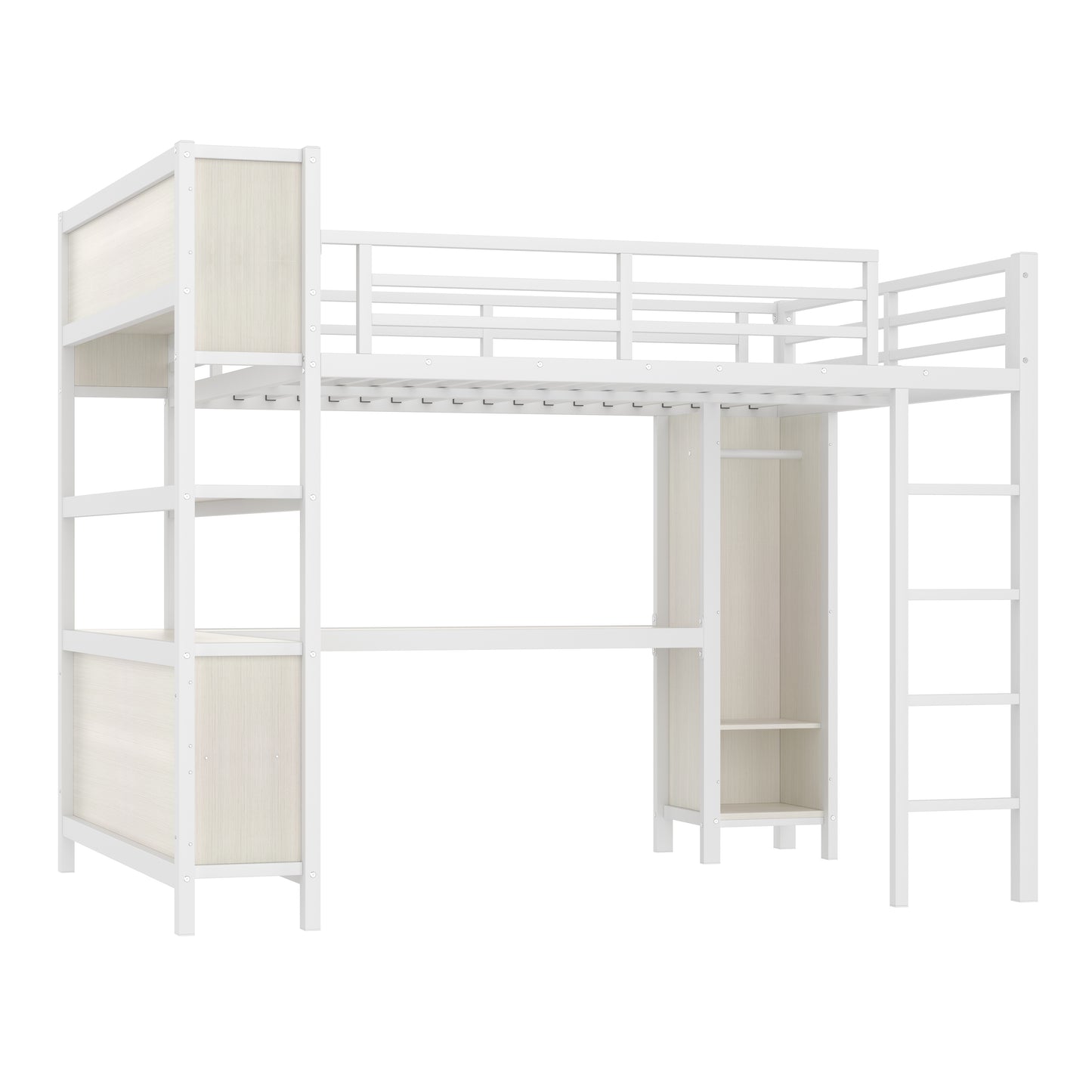 Metal Loft Bed with Wardrobe And L-shaped Desk, Queen Size Loft Bed with Storage Cubes and Shelves, Heavy Duty Loft Bed for Kids Teens Adults, White Wood-grain image 10