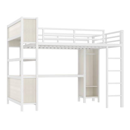 Metal Loft Bed with Wardrobe And L-shaped Desk, Queen Size Loft Bed with Storage Cubes and Shelves, Heavy Duty Loft Bed for Kids Teens Adults, White Wood-grain image 10