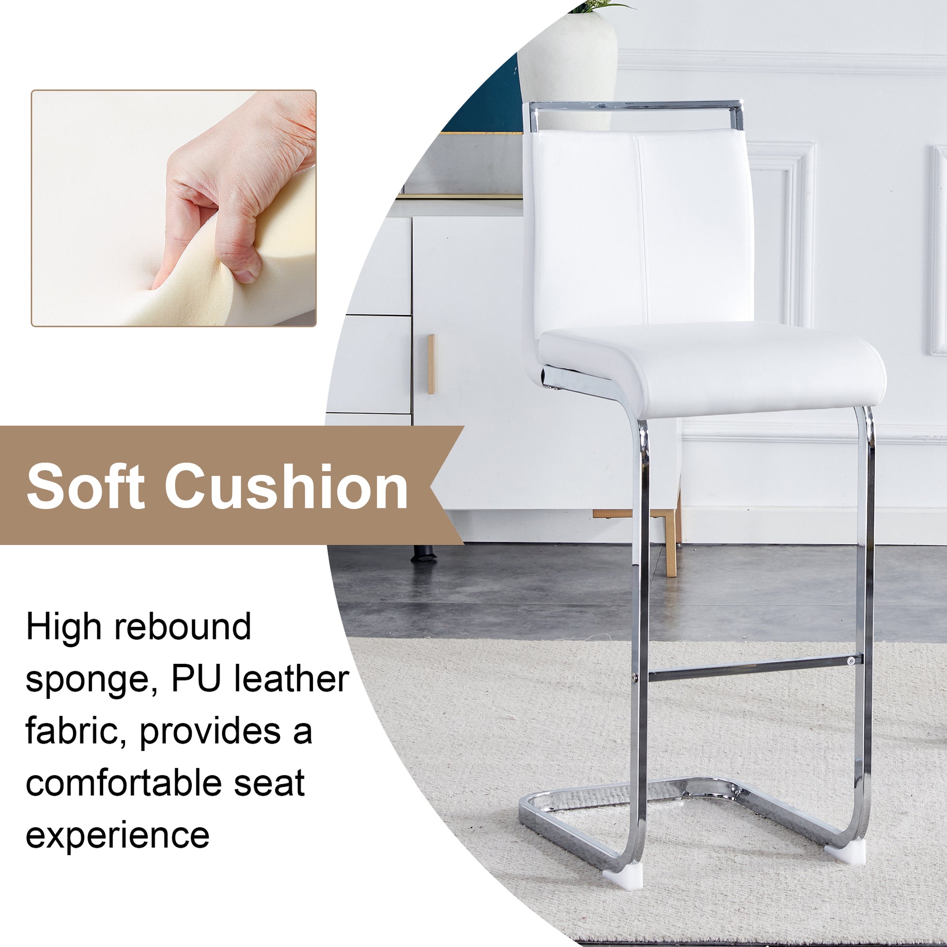 Modern and beautiful bar stool upholstered in PU leather with C-shaped silver metal legs for dining rooms, kitchens, terraces and guest office chairs.(set of 6) (white+PU) image 3