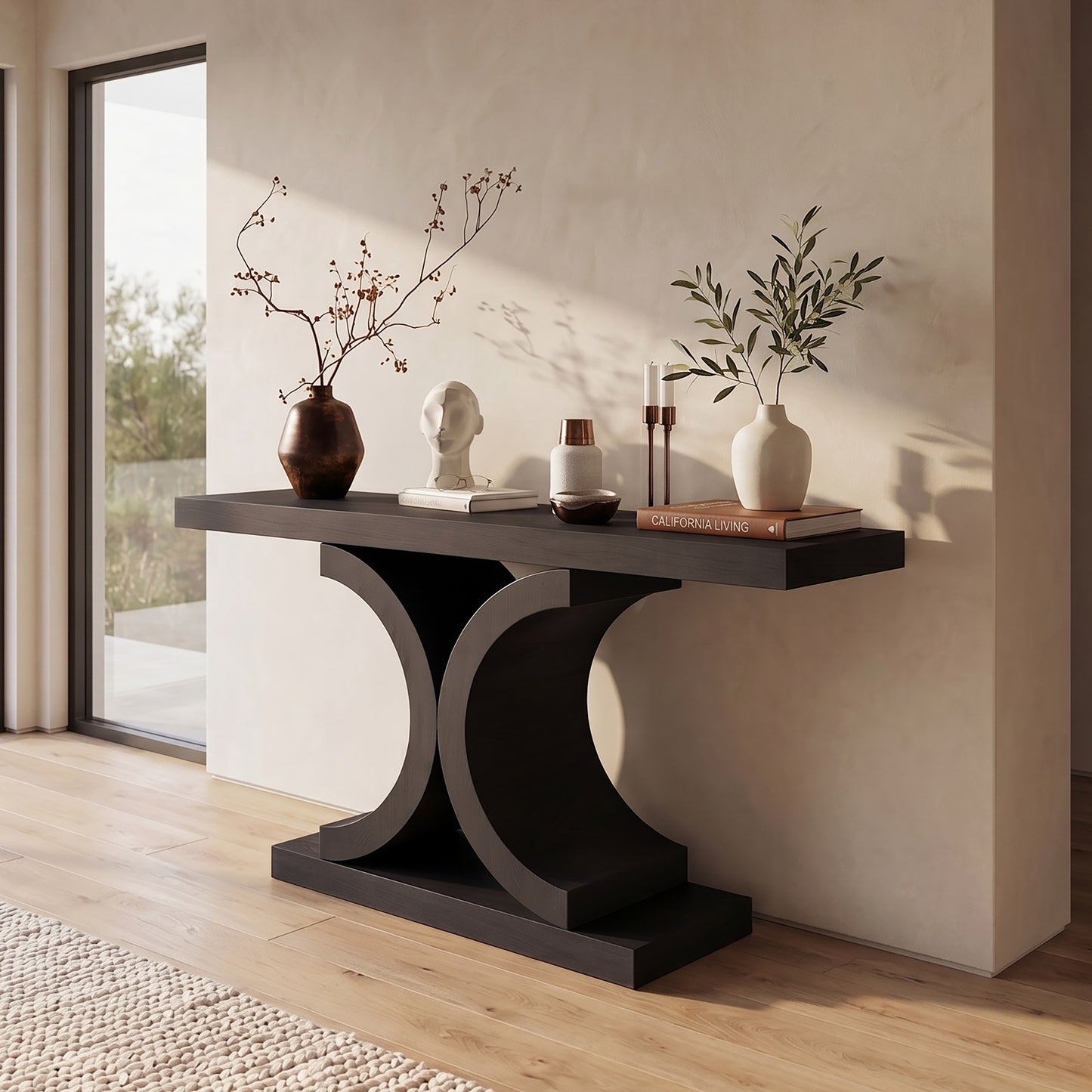 60" Black Console Table, Modern Narrow Sofa Table with Sculptural Curved Base, MDF with Real Wood Veneer Entryway Table, for Living Room, Hallway, Foyer, Black Oak image 7