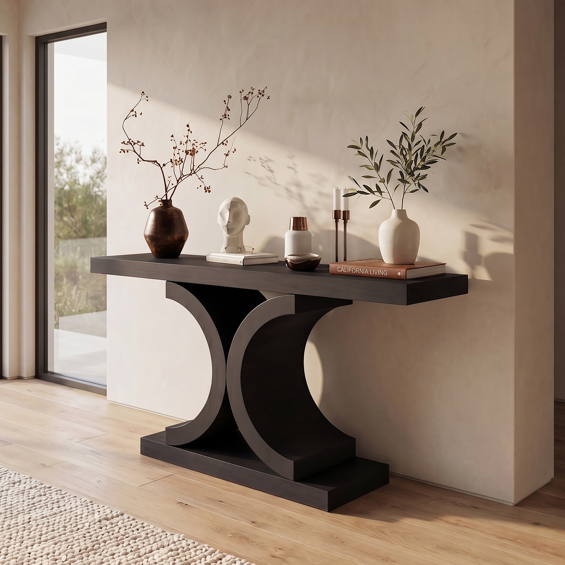 60" Black Console Table, Modern Narrow Sofa Table with Sculptural Curved Base, MDF with Real Wood Veneer Entryway Table, for Living Room, Hallway, Foyer, Black Oak image 7