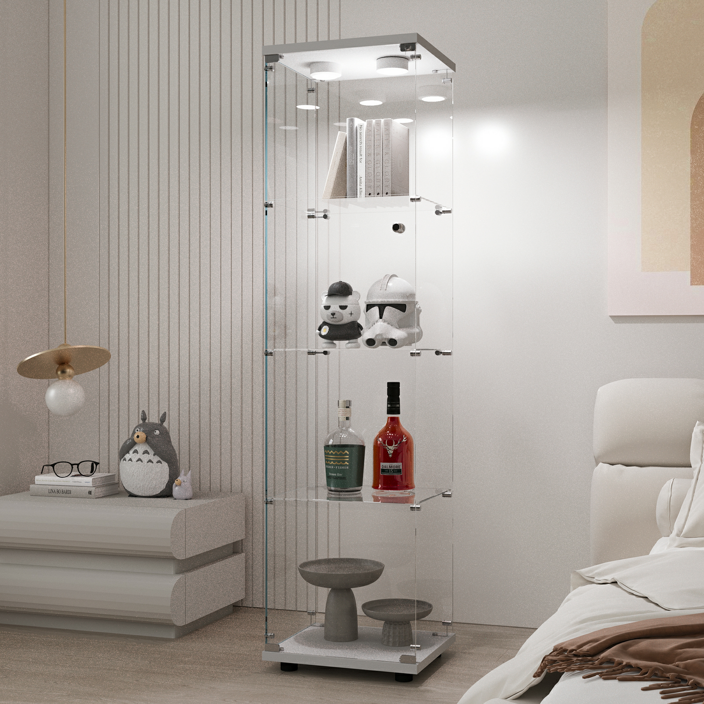 Tempered Glass Display Cabinet,Wine Cabinet,storage Cabinet,File Cabinet,with Battery-powered paipai light,Adjustable Floor Feet,Suitable for uneven ground,Can be placed anywhere,color:white image 1