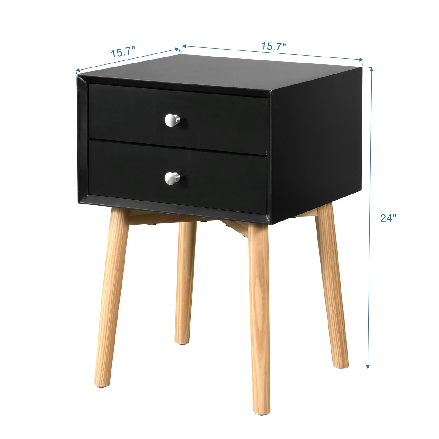 Side Table,Bedside Table with 2 Drawers and Rubber Wood Legs, Mid-Century Modern Storage Cabinet for Bedroom Living Room, Black image 8