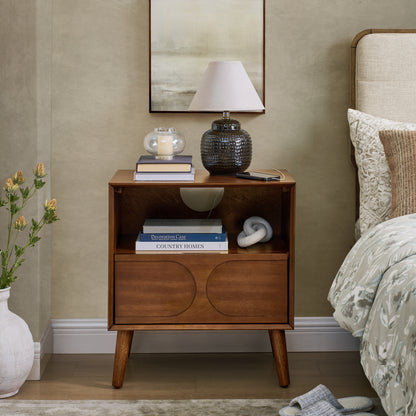 Mid Century Modern Fluted Nightstand with Charging Station USB Ports & Outlet Hole & 4 Solid Wood Legs, Farmhouse End Table with Open Space and Drawer Dresser, Walnut image 2