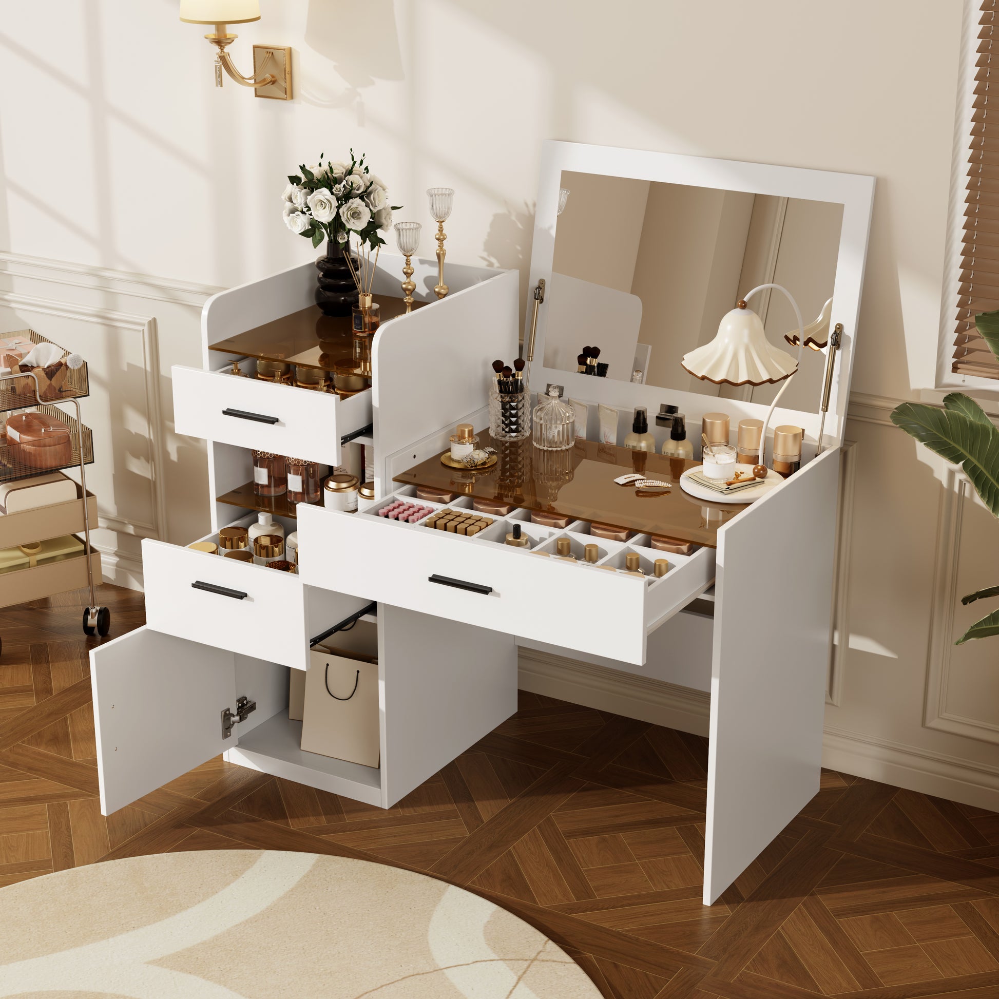 3-in-1 Vanity Desk with Flip Top Mirror, Glass Top Compact Makeup Vanity & Hidden Storage, Vanity Table with 3 Drawers and Cabinet, Space-Saving Dressing Tablefor Bedroom, White image 1
