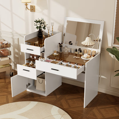 3-in-1 Vanity Desk with Flip Top Mirror, Glass Top Compact Makeup Vanity & Hidden Storage, Vanity Table with 3 Drawers and Cabinet, Space-Saving Dressing Tablefor Bedroom, White image 1