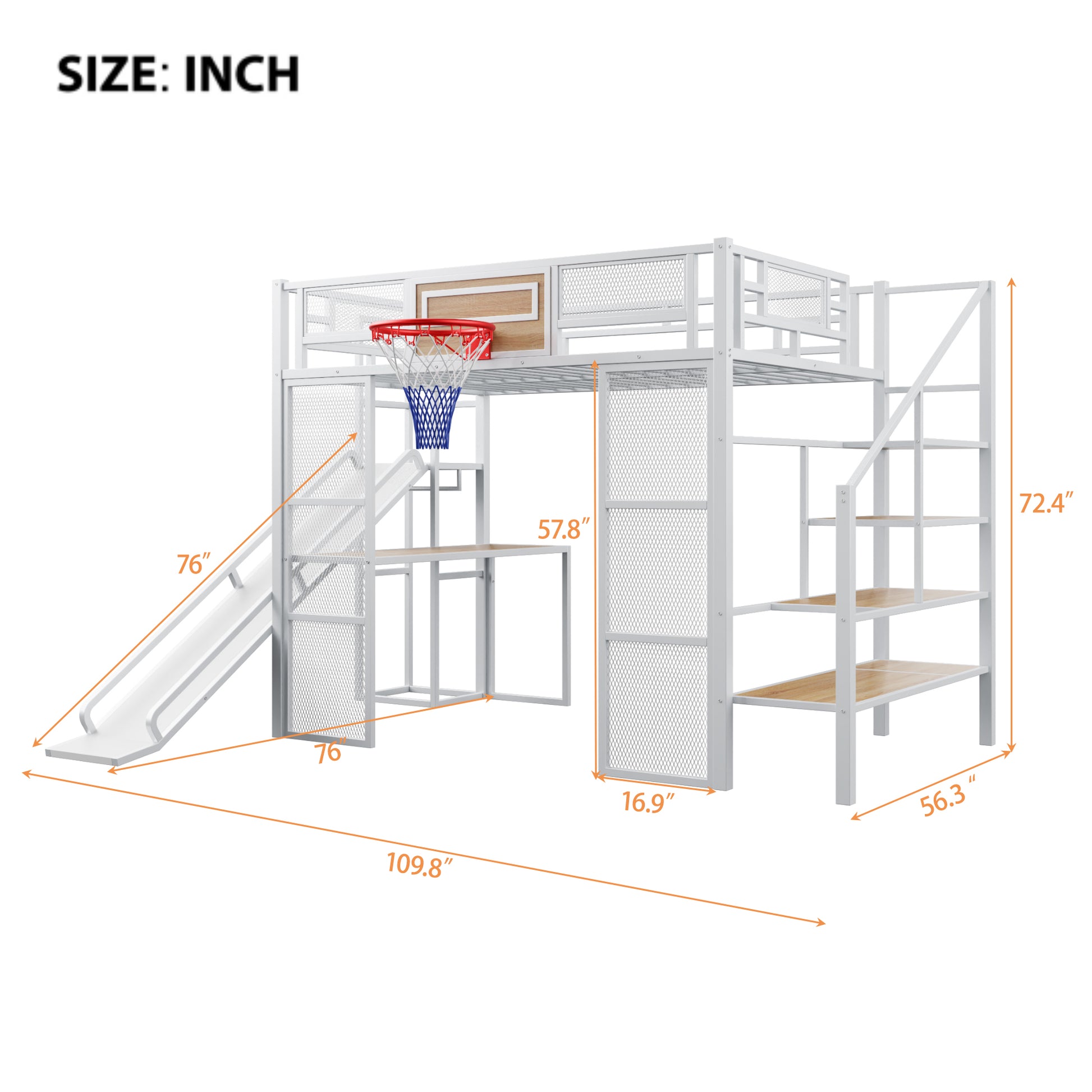 Full Size Metal Loft bed with Built-in Desk, Open Wardrobe, Basketball hoop, Slide and Staircase, White image 4