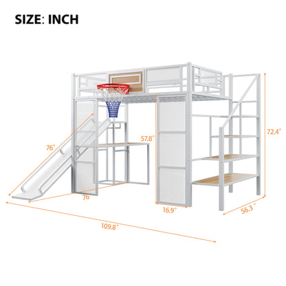 Full Size Metal Loft bed with Built-in Desk, Open Wardrobe, Basketball hoop, Slide and Staircase, White image 4