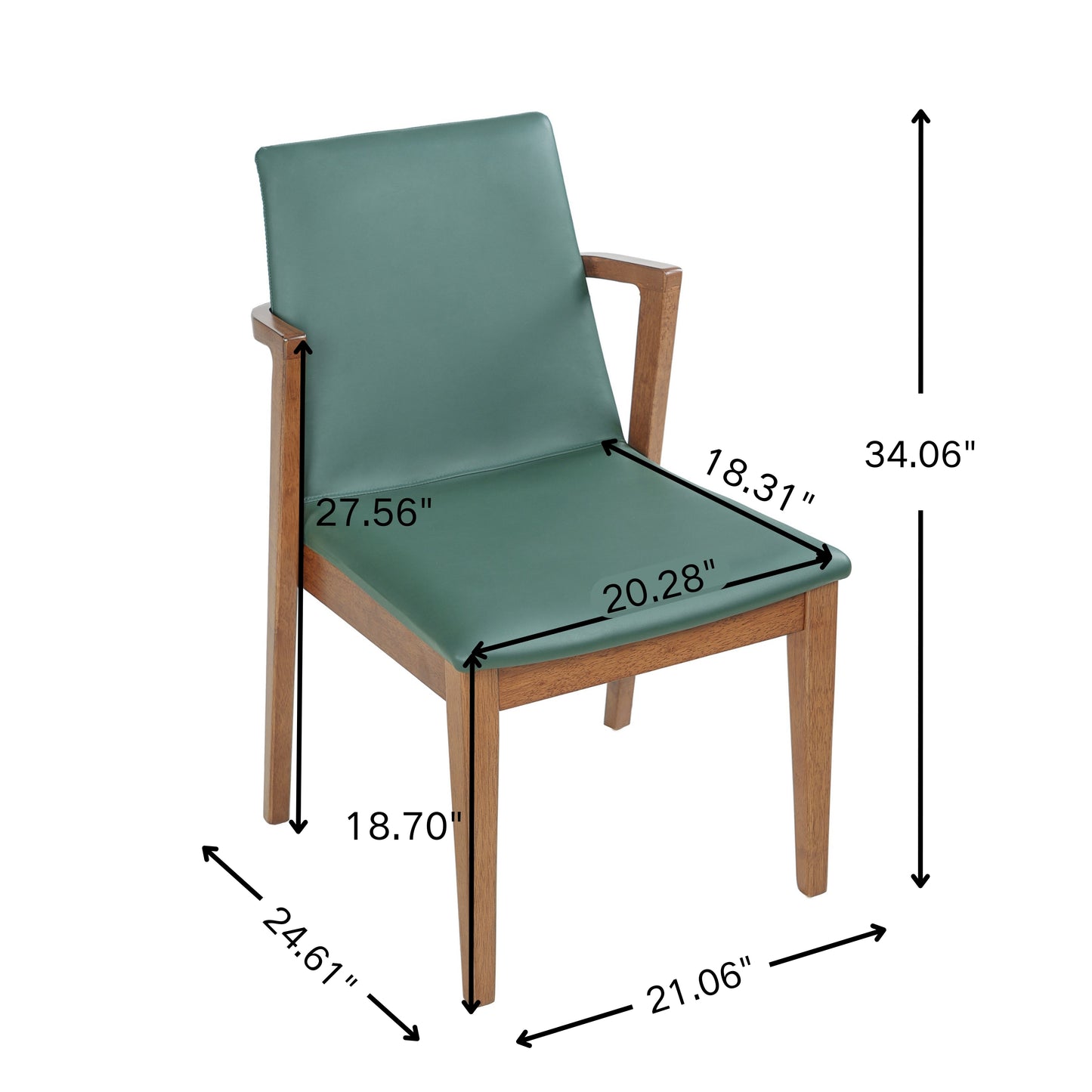 Mid-Century Modern Dining Chairs Set of 2 - Green PU Upholstered Armchairs with Walnut Color Rubber Wood Frame, 250lbs Capacity for Kitchen & Dining Room image 4