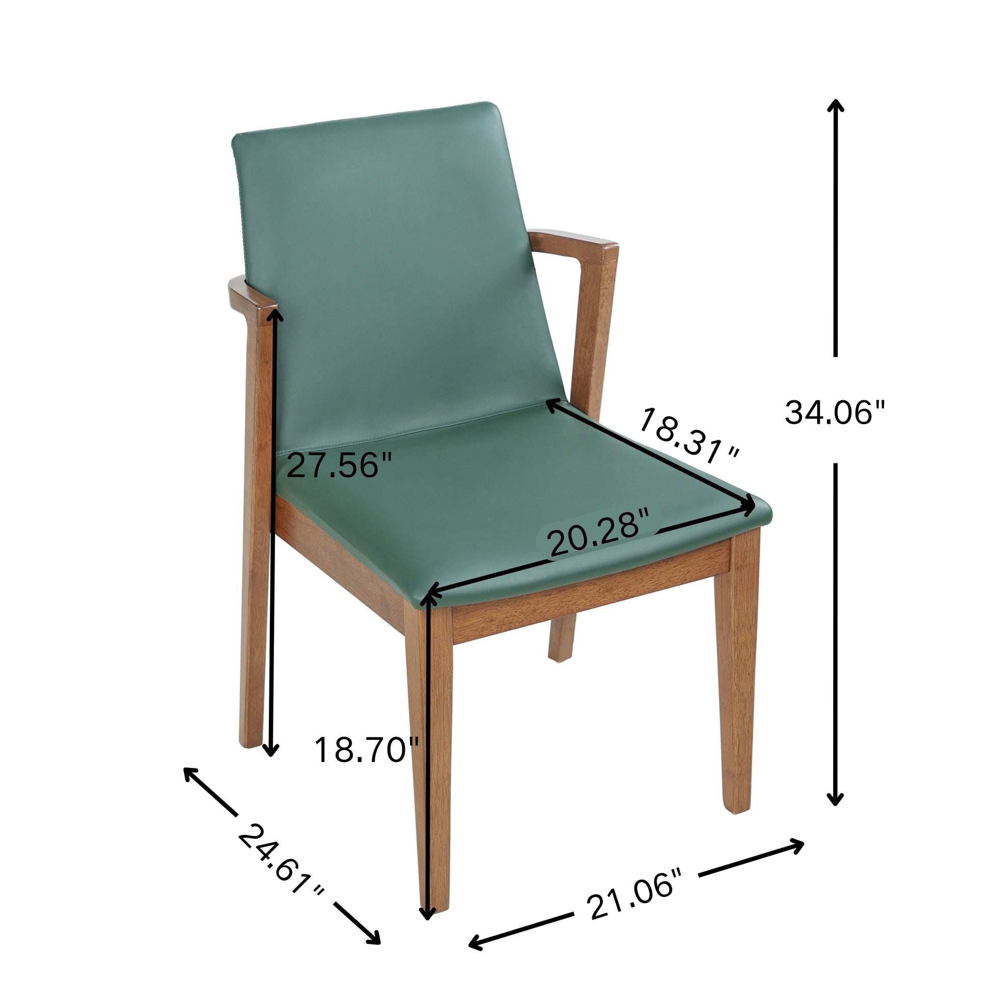 Mid-Century Modern Dining Chairs Set of 2 - Green PU Upholstered Armchairs with Walnut Color Rubber Wood Frame, 250lbs Capacity for Kitchen & Dining Room image 4