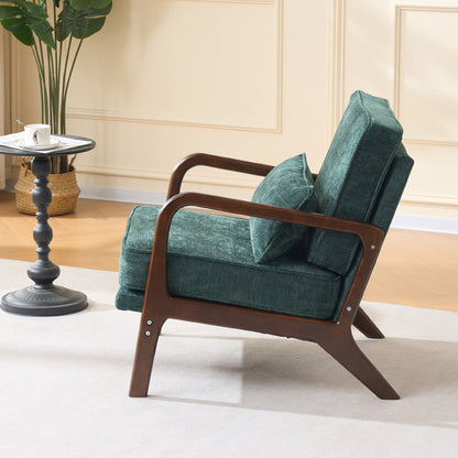 Mid-Century Modern Lounge Chair Single, Upholstered Living Room Chair with Curved Wood Armrests and Lumbar Cushion,Accent Chair for Living Room, Bedroom, Indoor, Dark Green image 12