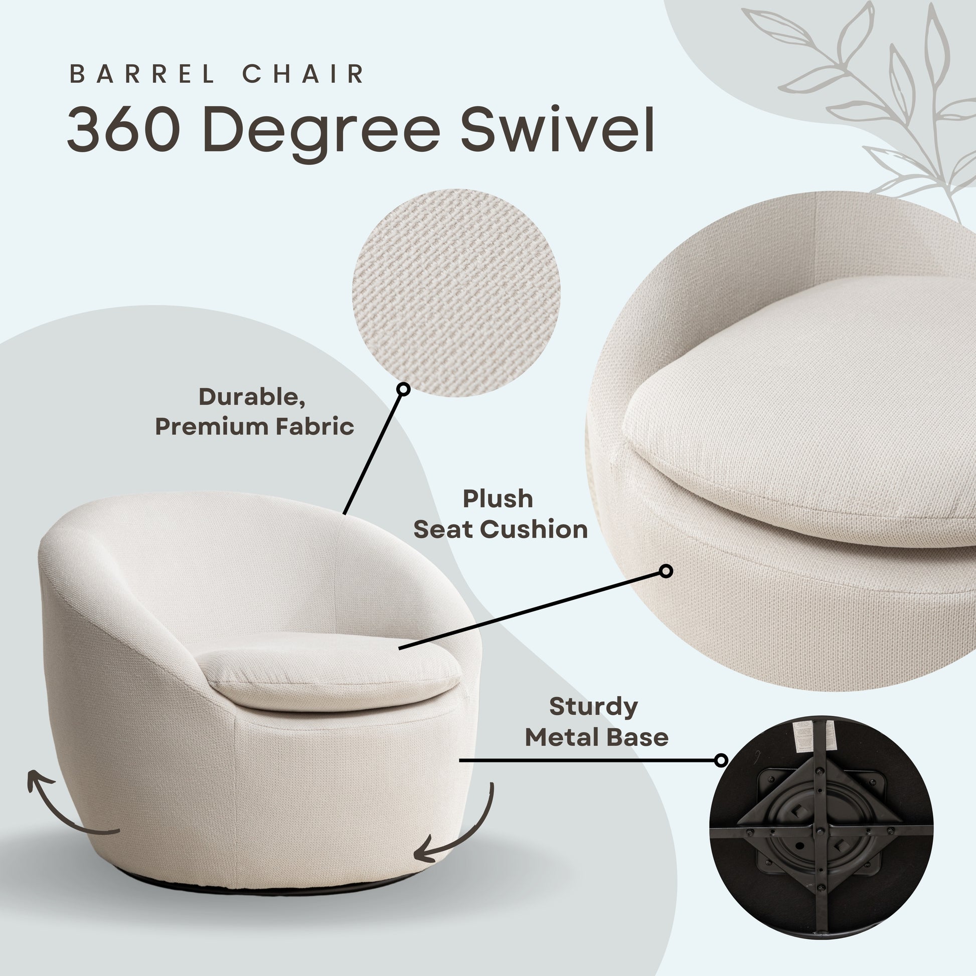 Winnie Modern Teddy Fabric Barrel Chair, 360° Swivel, Beige image 2