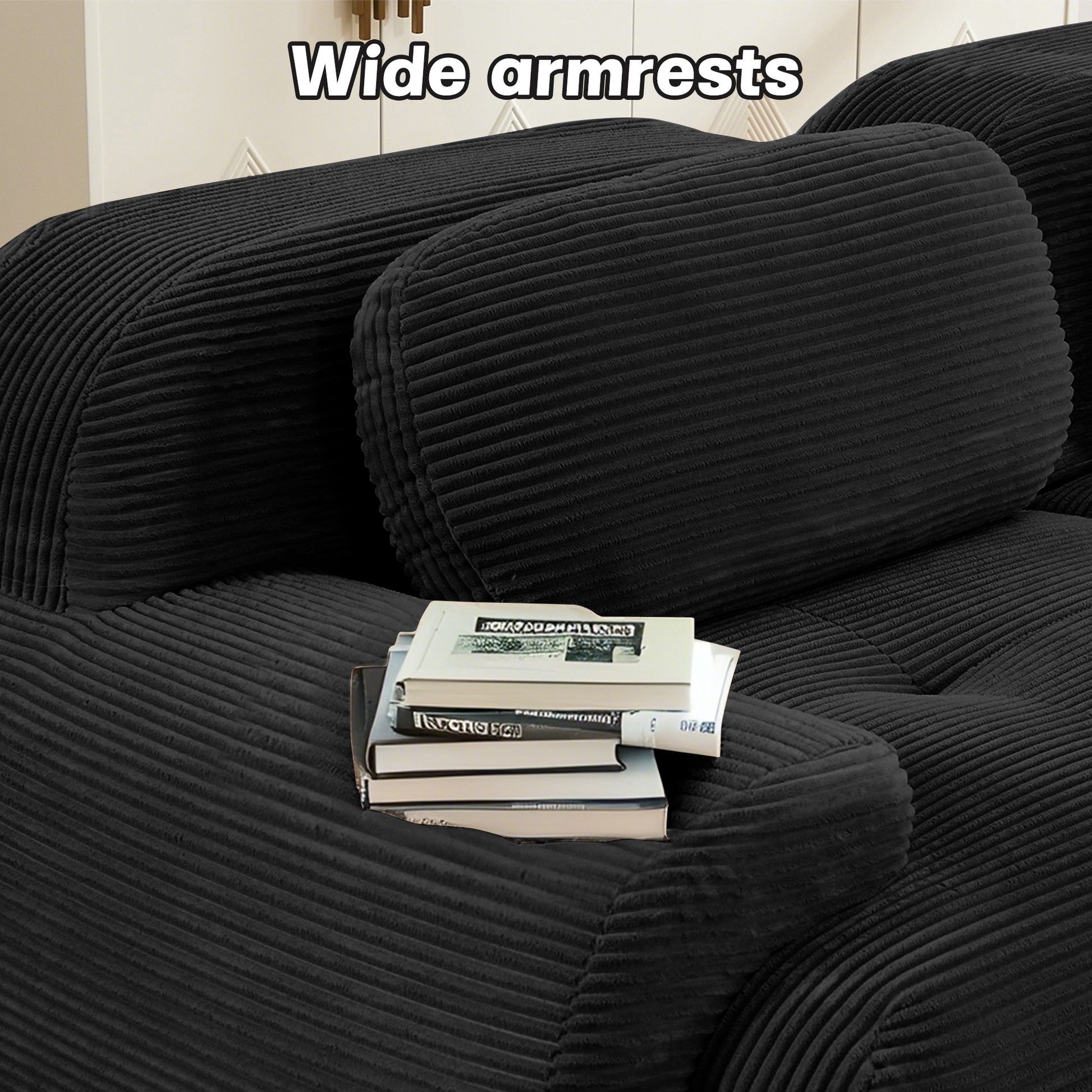 L-shaped modular sofa no assembly ergonomic design pet-friendly luxuryCorduroy Fabric fabric extra-wide curved armrests 32D high-resilience sponge for living rooms bedroom,Black image 7