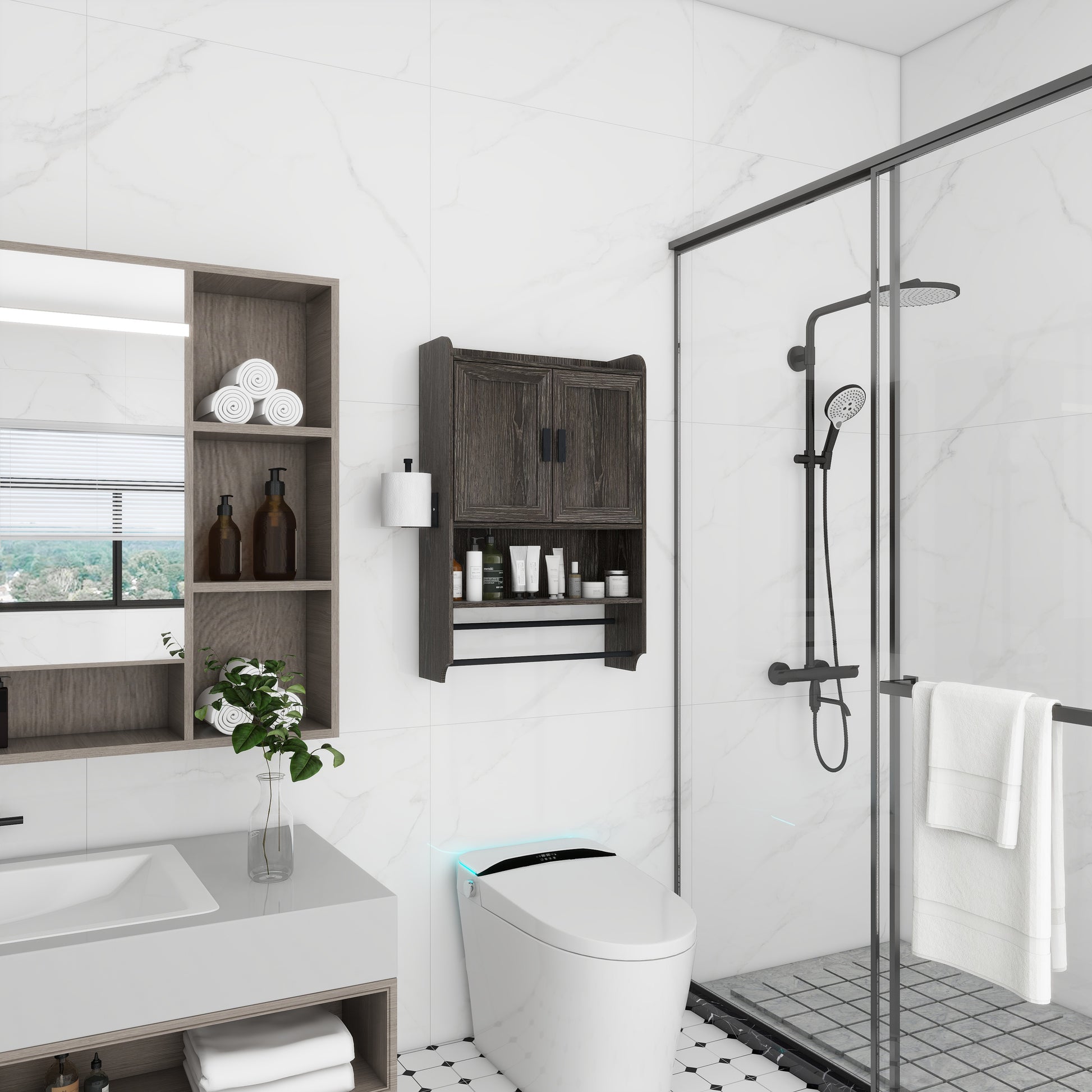 Bathroom Wall Cabinet with Doors,Adjustable Shelf,Towel Bar and Paper Holder, Over The Toilet Storage Cabinet, Medicine Cabinet for Bathroom-Grey image 1