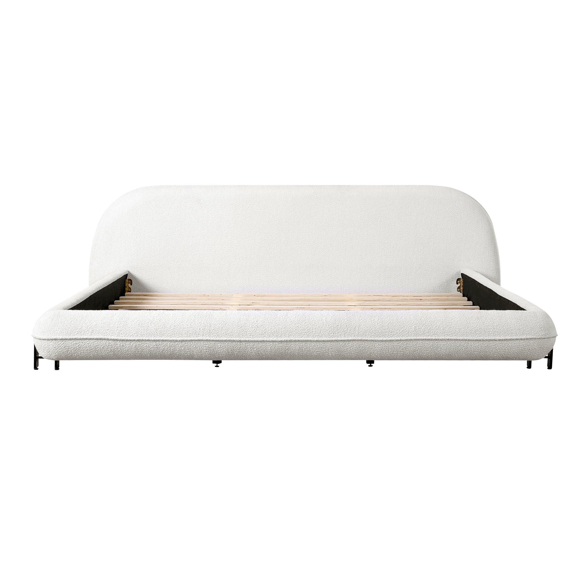 California King Size Bed Frame with Boucle Fabric, Upholstered Platform Bed with Curve-Shaped Design & Thick Headboard, White image 7