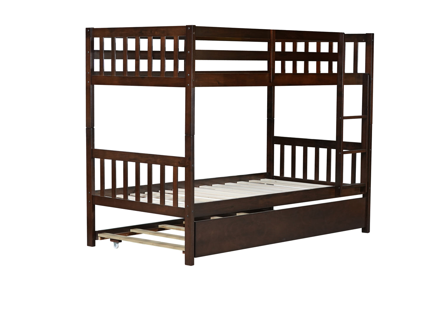 Twin Over Twin Rubber Wood Bunk Bed with Trundle, Convertible into Twin Size Beds, Twin Size Bunk Bed with Ladder and Safety Guardrails,Espresso image 10