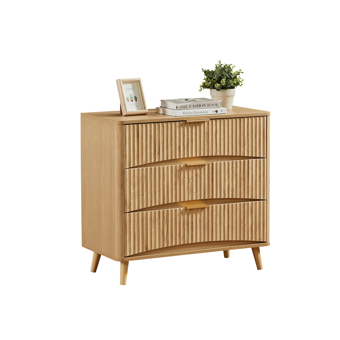 Fluted 3 Drawer Dresser Set of 2, Modern Tall Chest of Drawers with Vertical Grooved Design, Wood Storage Cabinet with Metal Handles for Bedroom Living Room, Oak. (23.6"W x 15"D x 30"H). image 8