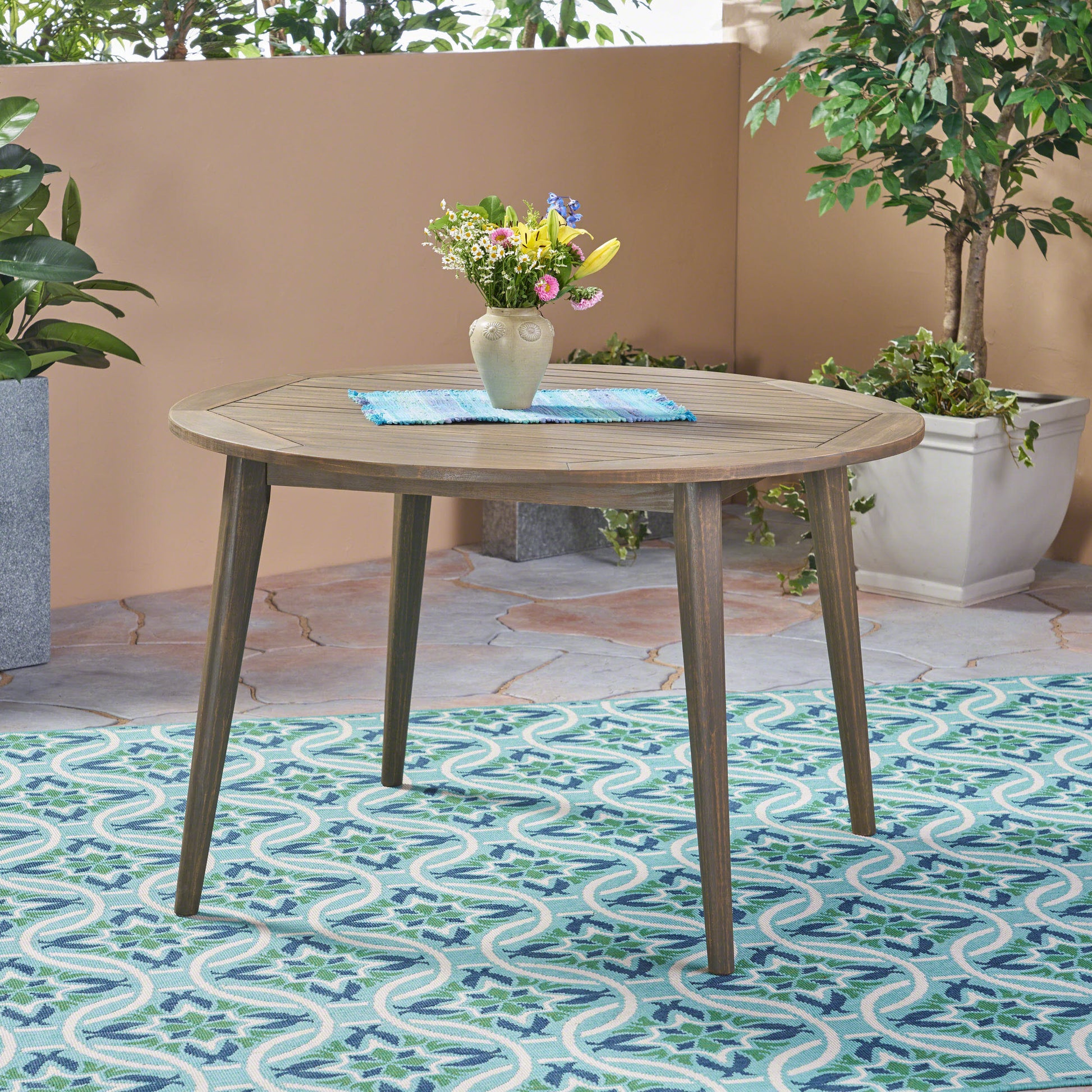 Round Acacia Wood Dining Table, Grey Finish, 47.25" Outdoor Patio Table with Slatted Top, Weather Resistant, 30" Height, for Backyard Garden(Original SKU:63119.00GRY) image 3