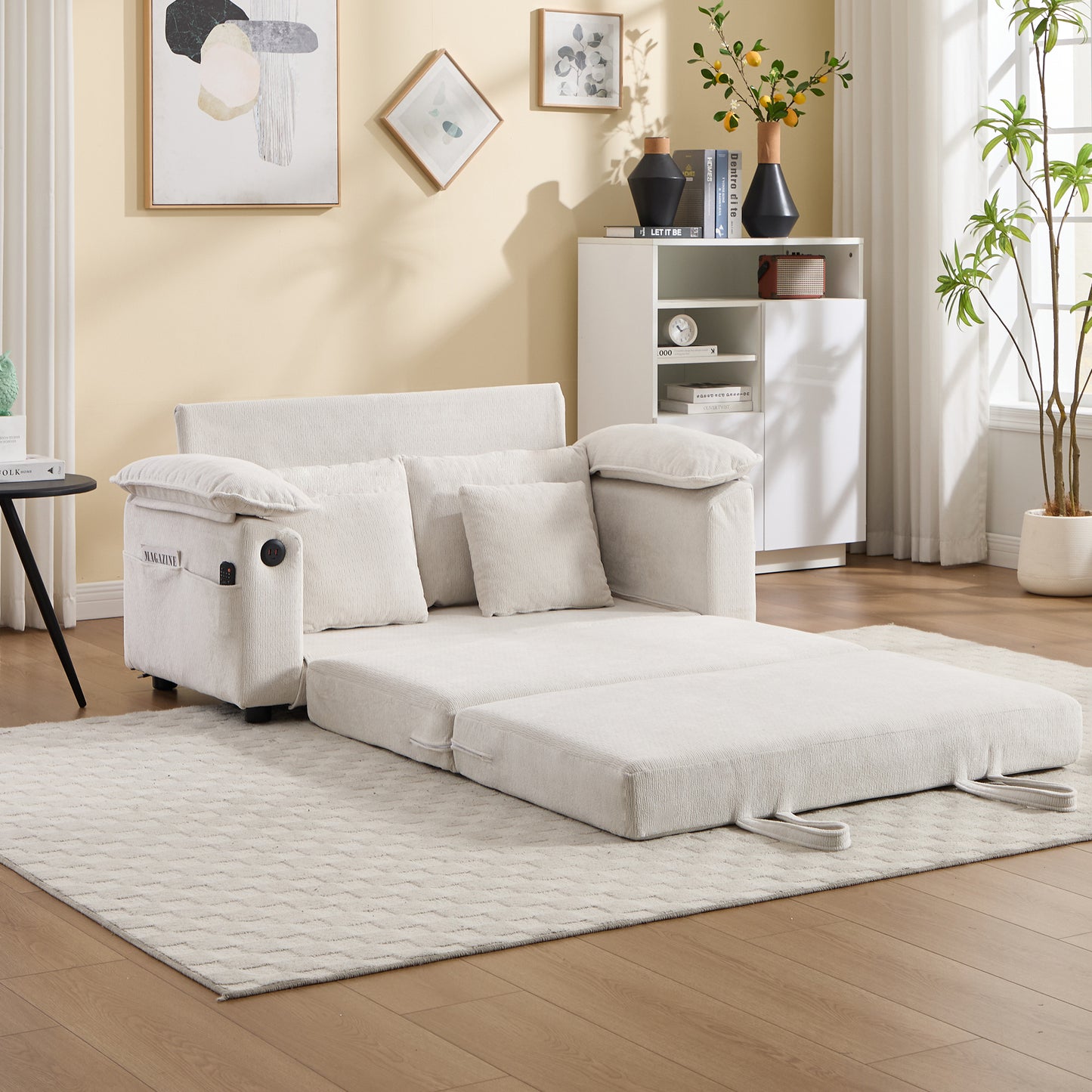 58 inch 3-in-1 Upholstered Futon Sofa Convertible Floor Sofa bed,Foldable Tufted Loveseat with Pull Out Sleeper Couch Bed,Folding Mattres Love Seat Daybed W/Side Pockets for Living Room White image 1