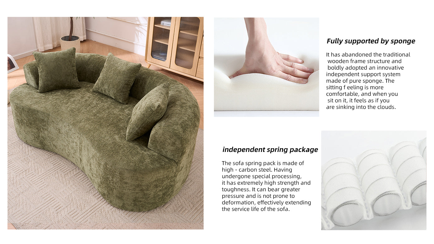 Crescent-shaped sofa, modern low-back design with deep cushions, self-inflating foam-filled large two-seater sofa requiring no assembly. (green chenille fabric) image 3