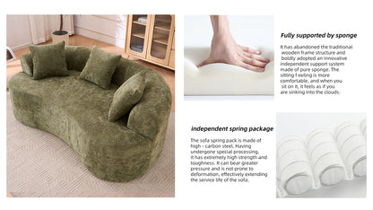 Crescent-shaped sofa, modern low-back design with deep cushions, self-inflating foam-filled large two-seater sofa requiring no assembly. (green chenille fabric) image 3