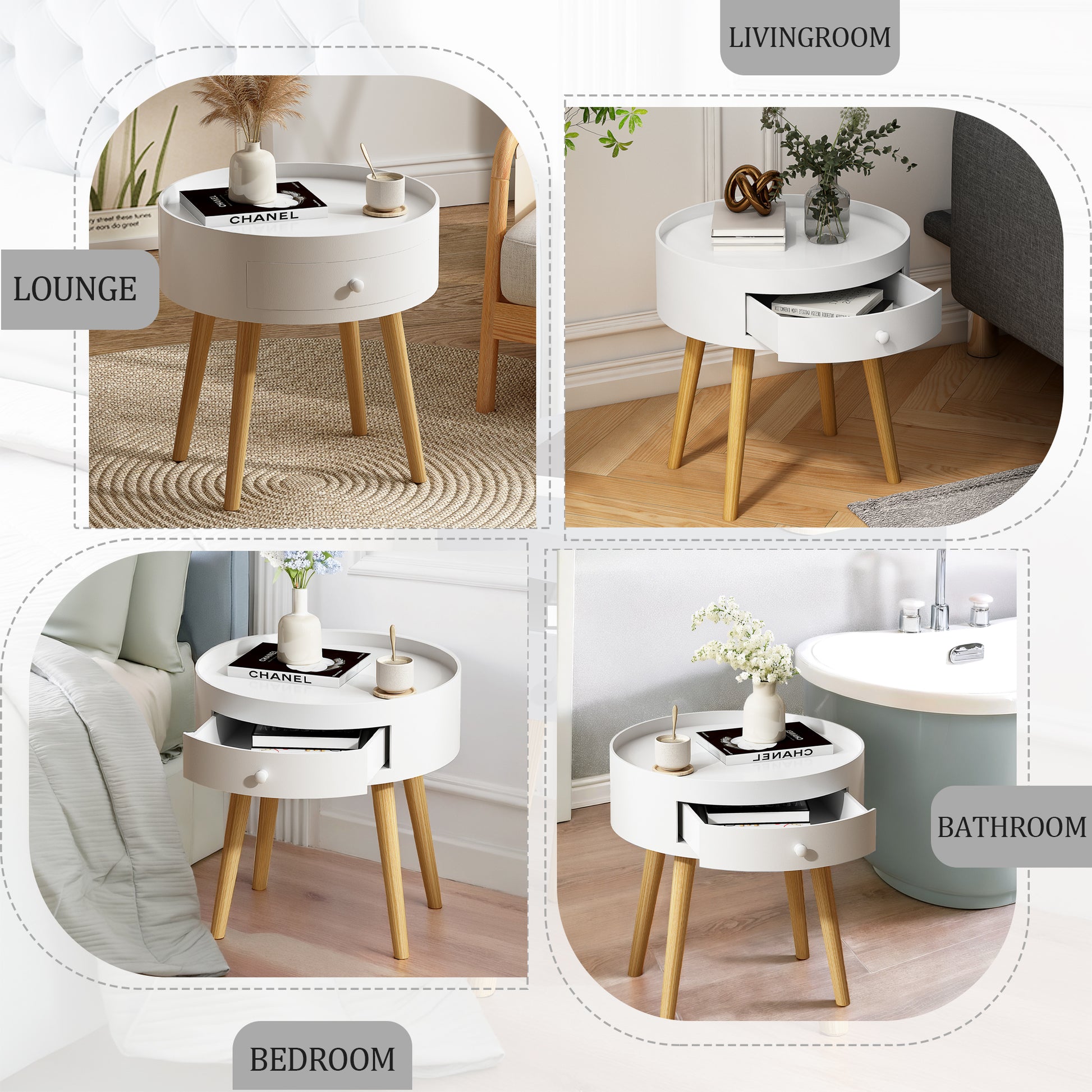 18"H Nightstand with Storage Drawer & Oak Legs Bedside Table, Sofa Side Coffee Table for Bedroom, Living Room, White image 4