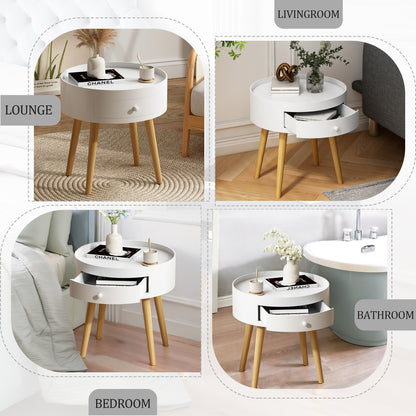 18"H Nightstand with Storage Drawer & Oak Legs Bedside Table, Sofa Side Coffee Table for Bedroom, Living Room, White image 4