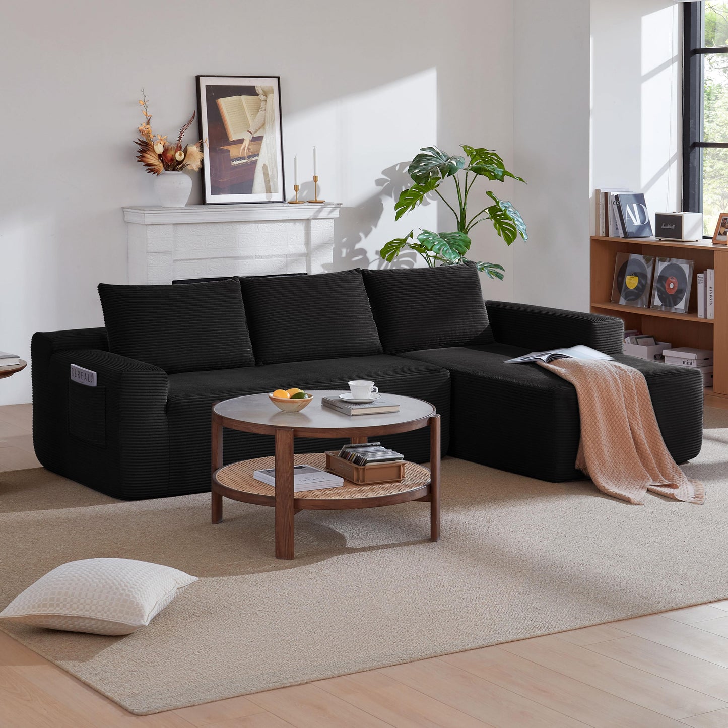 104" Cloud Sectional Sofa with L-Shape Chaise and Side Pockets, Modern Modular Design, with side pockets, Upholstered Couch for Living Room/Bedroom, No Assembly Required (CorduroyFabric),Black, Right image 5
