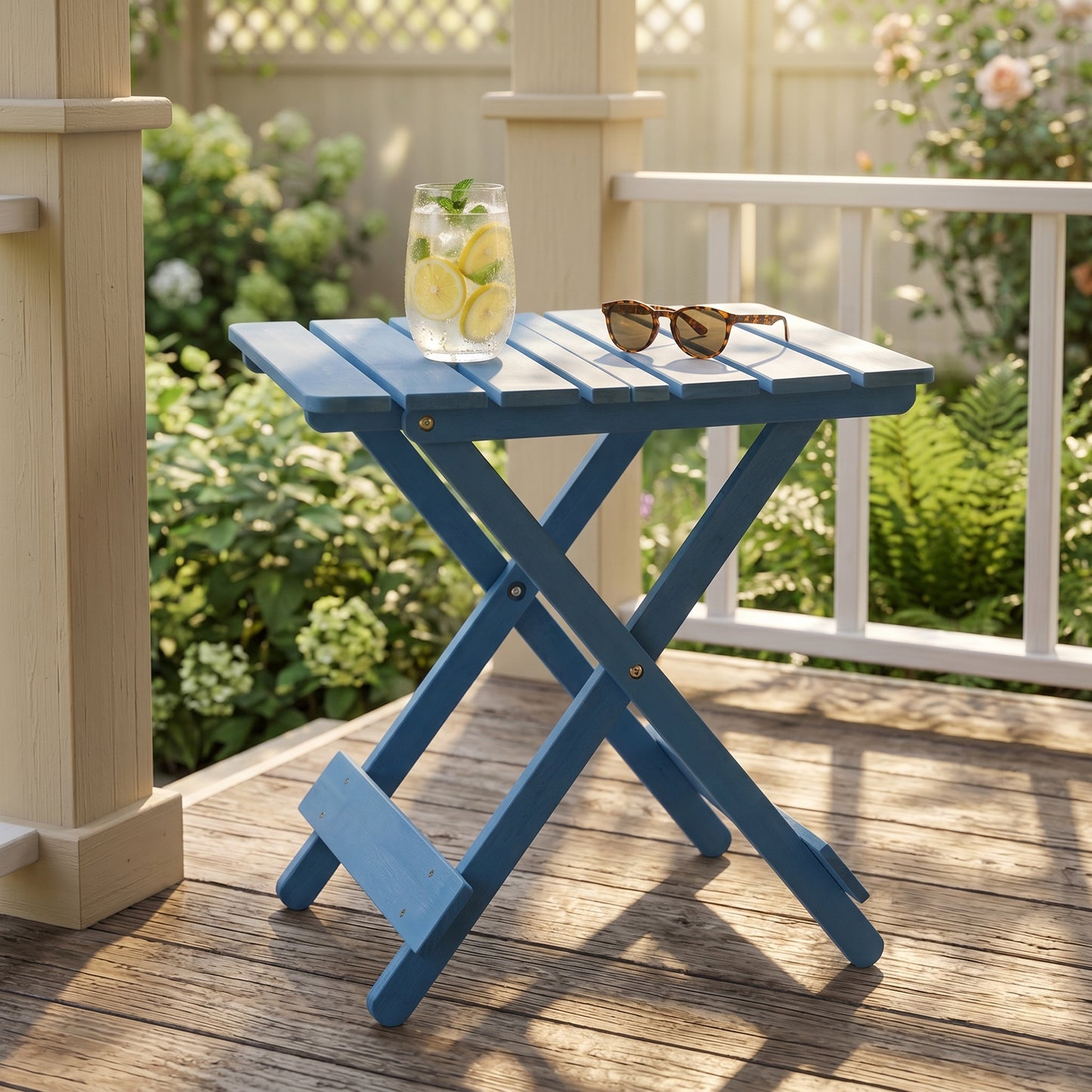 Folding Square Table Patio Outdoor solid wood Table for Backyard, Balcony, Portable Design Space-Saving Blue Color image 6