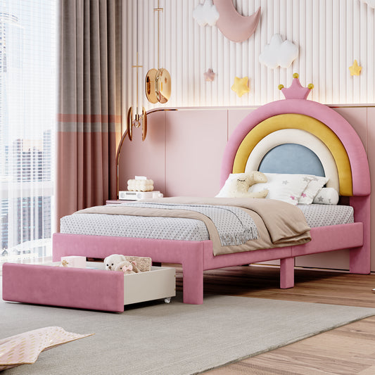 Twin Size Upholstered Rainbow Design Bed, Velvet Princess Platform Bed with Storage Drawer, No Box-spring Needed,Colorful&Pink(Old SKU:N733P234606H) image 1