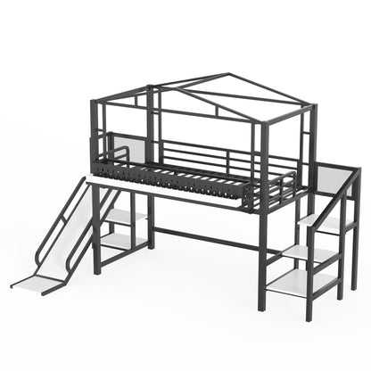 Twin Size Loft Bed with Storage Stairs, Shelves and Built-in Wardrobe, Metal Loft Bed Frame with USB Ports and LED Lights, Noise-reduced Design, Black image 10