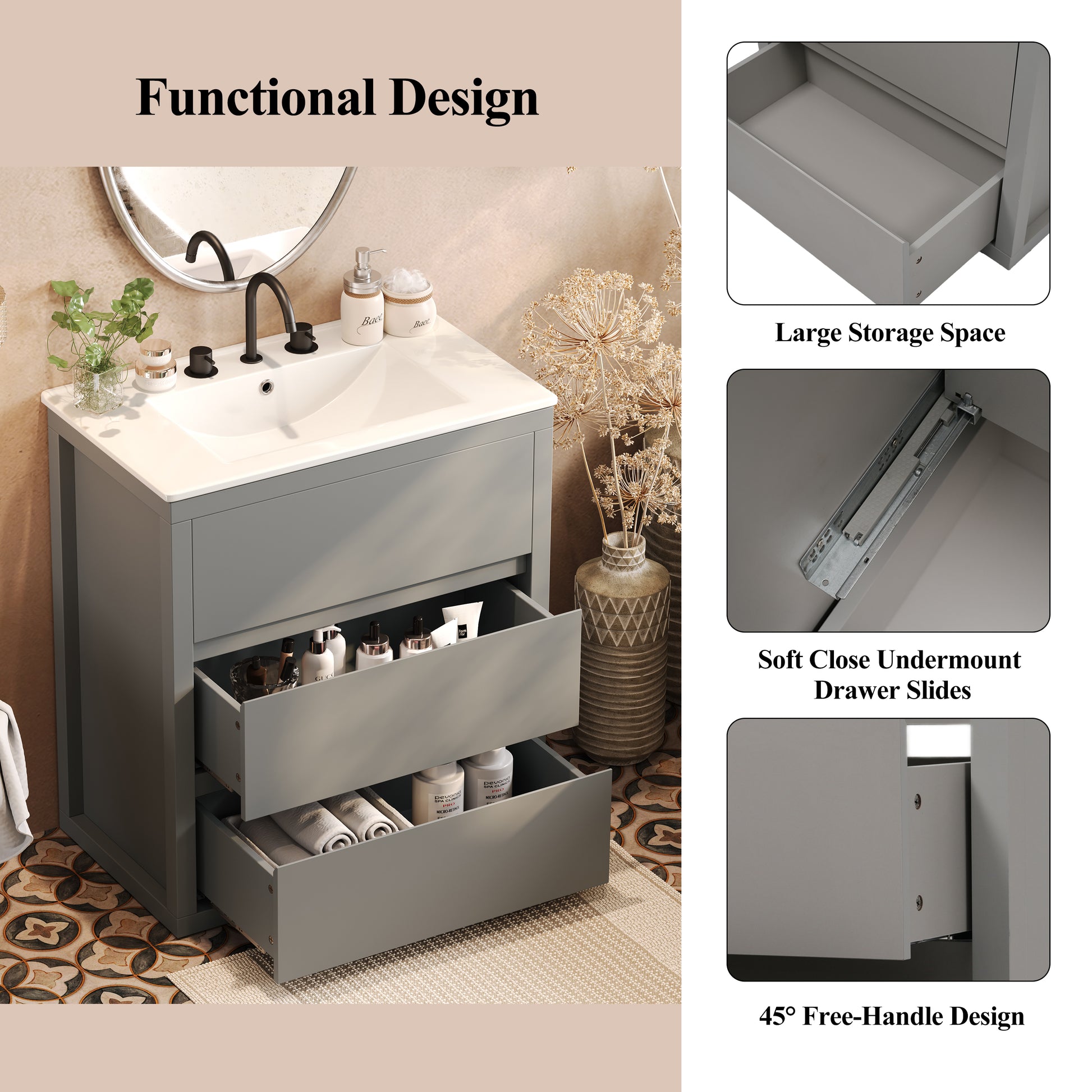 60" Double Sinks Bathroom Vanity Set, Bathroom Cabinet with Two Separate Ceramic Sinks, Full-Extension Drawers & Soft Close Undermount Drawer Slides, Gray image 7