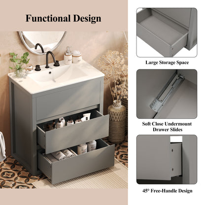 60" Double Sinks Bathroom Vanity Set, Bathroom Cabinet with Two Separate Ceramic Sinks, Full-Extension Drawers & Soft Close Undermount Drawer Slides, Gray image 7